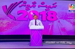 Defence minister Adam Shareef speaks during president Yameen's re-election campaign rally held in Fuvahmulah on Thursday.