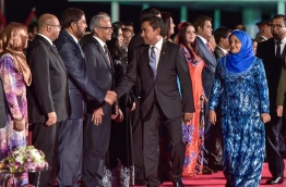 President Yameen greets top state officials as he arrives for the independence day ceremony held on July 25, 2016. MIHAARU FILE PHOTO/MOHAMED SHARUHAAN