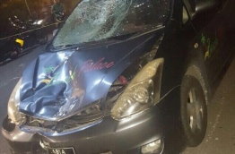 The badly damaged car that had collided with a motorbike in Hulhumale on Saturday evening.