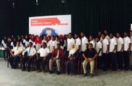 Participants of Ooredoo's Youth Ambassador Programme pose with officials of Ooredoo at training seminar held in Baa atoll Eydhafushi island. PHOTO/OOREDOO MALDIVES
