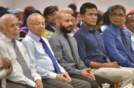 Faaris Maumoon (3rd L) pictured with his father Gayoom (2nd L) during a ceremony. MIHAARU FILE PHOTO/MOHAMED SHARUHAAN