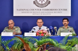 Defence minister Adam Shareef (C) speaking during the press conference by the national counter terrorism centre on Thursday. MIHAARU PHOTO/NISHAN ALI
