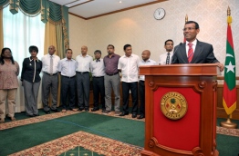 Former president Nasheed announces his resignation in 2012 as his cabinet looks on. PHOTO/AP