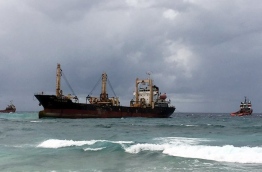 'MV NGOC Son' ran aground on the reef to the south of Fuvahmulah while carrying water and sewerage material to the island for Sri Lankan contractor Sierra.. PHOTO/MNDF