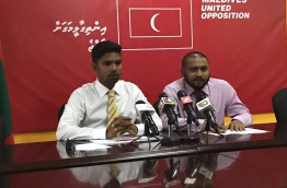 Mohamed Shifaz (L) and Ali Zahir pictured during the joint press conference held by MDP and Adhaalath Party (AP) on Tuesday. MIHAARU PHOTO/FAZEENA AHMED