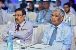Universal Group's chairman Mohamed Umar Manik (L) and local tycoon Champa Hussain Afeef attend the Destination Marketing and Promotion Conference. PHOTO: NISHAN ALI/MIHAARU