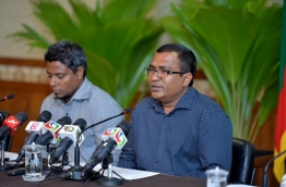Minister at the President's Office and national economic council chair Ahmed Zuhoor (R) speaks during the press conference on Saturday. PHOTO/PRESIDENT'S OFFICE
