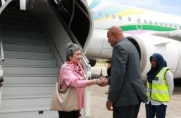 Thailand's Minister of Commerce Apiradi Tantraporn welcomed at Ibrahim Nasir International Airport (INIA) upon her arrival for the second Maldives-Thailand Joint Trade Committee meeting. PHOTO/ECONOMIC MINISTRY