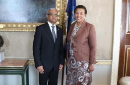 Foreign minister Dr Mohamed Asim poses for a picture with Commonwealth, Secretary General Patricia Scotland during a meeting last month. FILE PHOTO/FOREIGN MINISTRY