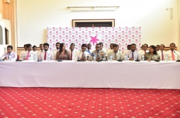 PPM parliamentary group and council members loyal to president Yameen pictured during a press conference held at the Dharubaaruge convention centre on Thursday. MIHAARU PHOTO/MOHAMED SHARUHAAN