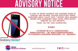 Mega Maldives Airlines' travel advisory banning Samsung Galaxy Note 7 from its aircrafts. PHOTO/MEGA MALDIVES