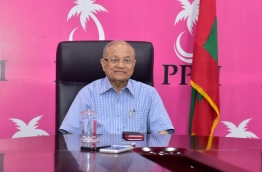 Ruling PPM leader Gayoom smiles during a meeting in his party office. MIHAARU FILE PHOTO/MOHAMED SHARUHAAN