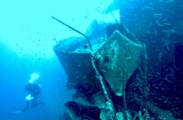 The MV Victory shipwreck off the coast of airport island Hulhule. PHOTO/HUSSAIN "SENDI" RASHEED