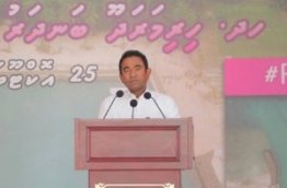 President Abdulla Yameen Abdul Gayoom speaks at inauguration of H.Dh. Hirimaradhoo island's harbour. PHOTO/TWITTER