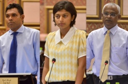 Hinnavaru MP Ibrahim Mohamed Solih (R), Galolhu North MP Eva Abdulla (C) and Kaashidhoo MP Faisal Naseem. FILE PHOTO