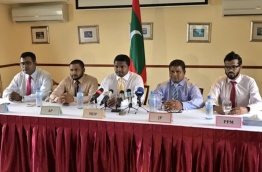 DRP’s acting leader Mohamed “Colonel” Nasheed (L) at a press conference of political parties in the Maldives. PHOTO/SOCIAL MEDIA