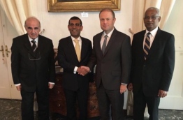 Former president Mohamed Nasheed (L-2) pauses for a photo with Malta's PM Joseph Muscat (R-2). PHOTO: Nasheed Office