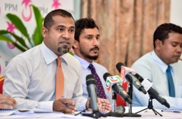 Secretary General of PPM appointed from President Yameen's faction, Dr Abdullah Khaleel speaks to reporters. PHOTO: NISHAN ALI/MIHAARU