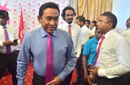 President Yameen exits Dharubaaruge after the PPM council meeting. PHOTO: MOHAMED SHARUHAAN/MIHAARU