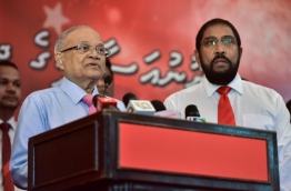 Former president Maumoon Abdul Gayoom (L) speaks to reporters while Jumhooree Party leader Qasim Ibrahim looks on. PHOTO: NISHAN ALI/MIHAARU