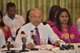 Former President Maumoon Abdul Gayoom at a press conference. PHOTO: MOHAMED SHARUHAAN/MIHAARU