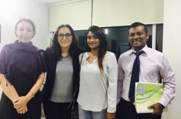 MP Ahmed Mahloof's wife, Nazra Naseem (R-2), pose with UN officials.