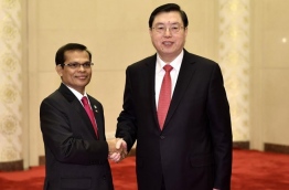Maldives' parliamentary speaker Abdulla Maseeh (L) meets with Zhang Dejiang, Chairman of the Standing Committee of the National People's Congress of China. PHOTO/XINHUA