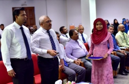 Auditor General Hassan Ziyath (L) with Vice President Abdulla Jihad at the inauguration of Audit Office' Strategic Plan and new website. PHOTO: HUSSAIN SHAYAAH/MIHAARU
