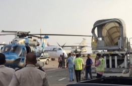 The helicopter and airstair after the accident in Velana International Airport. PHOTO/MIHAARU