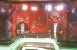 Ibrahim "Aswad" Waheed (L) presenting a program on Sangu TV. PHOTO/SANGU TV