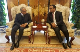 Minister of Foreign Affairs Mohamed Asim (L) greeted by Maldives Ambassador to China Mohamed Faisal at the airport in Beijing, China. PHOTO/FOREIGN MINISTRY