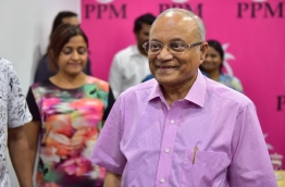 Former President Maumoon and his daughter Dhunya (L) after a meeting at PPM Office. MIHAARU PHOTO