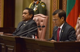Parliament speaker (R) and President Yameen at the parliamentary sitting in 2014 held to read the presidential address. PHOTO/MAJLIS