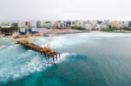 An aerial view of the temporary platform constructed for the landmark China-Maldives friendship bridge. MIHAARU FILE PHOTO