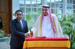 President Yameen (L) with the then Crown Prince Salman on his previous visit to Maldives. PHOTO: President's Office
