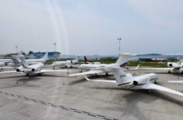 Private jets parked in Velana International Airport on the New Year 2017. PHOTO: MOHAMED SHARUHAAN/MIHAARU