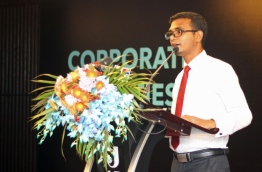 Finance Minister Ahmed Munawar addressing the ceremony PHOTO:Hussain Waheed/Mihaaru