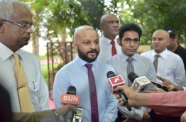 MP Faris speaks to reporters after submitting a motion of no confidence against parliament speaker Abdulla Maseeh. PHOTO: HUSSAIN WAHEED/MIHAARU