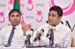 PPM parliament majority leader and Villimale MP Ahmed Nihan speaks at PPM press conference. PHOTO: NISHAN ALI/MIHAARU