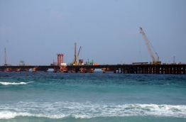 Ongoing development of the China-Maldives Friendship Bridge linking Male and Hulhule. PHOTO/MIHAARU