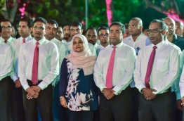 PPM parliamentary majority leader MP Ahmed Nihan (L) with President Yameen (R-2) and First Lady Fathimath Ibrahim (L-2) at the unveiling of PPM's new headquarters. FILE PHOTO: NISHAN ALI/MIHAARU