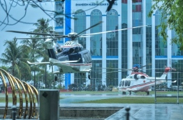 Two helicopters brought in from Saudi Arabia for King Salman's visit land in the Republic Square in capital Male during rehearsals for the royal welcoming ceremony. PHOTO: HUSSAIN WAHEED/MIHAARU