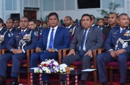 Former Home Minister Umar Naseer (L-2) beside President Yameen (R-2) at a ceremony. FILE PHOTO/MIHAARU