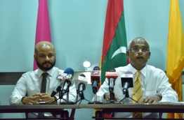 Dhiggaru MP Faris Maumoon (L) at joint press conference held by the opposition regarding the motion of no confidence against parliamentary speaker Abdulla Maseeh. PHOTO: NISHAN ALI/MHAARU