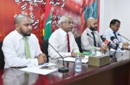 Lawmakers of the opposition coalition speak at press conference regarding the amendment to parliament regulation calling for minimum 42 votes to submit motion of no confidence against parliament speaker and deputy speaker. PHOTO: HUSSAIN WAHEED/MIHAARU