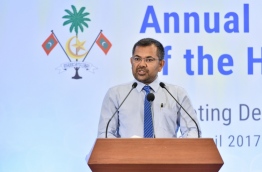 Tourism Minister Moosa Zameer speaks at inauguration of the annual meeting of the Heads of Missions of the Maldives. PHOTO: NISHAN ALI/MIHAARU
