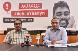Yameen Rasheed's lawyer Husnu Al Suood in a press conference with his father Hussain Rasheed PHOTO:Nishan Ali/Mihaaru