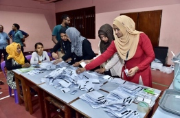 EC officials count votes at a polling station of the Local Council Elections 2017. PHOTO: HUSSAIN WAHEED/MIHAARU