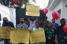 Sandhya Ekneligoda (C) at the protest against the murder of Yameen Rasheed held in front of the Maldivian Embassy in Colombo, Sri Lanka. PHOTO/SOCIAL MEDIA