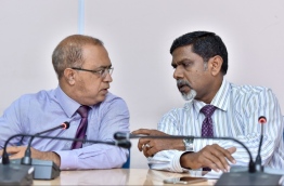 Maldives Media Council's President Mueed (L) and his deputy Abeer at a press conference. PHOTO: NISHAN ALI/MIHAARU